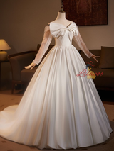 White Satin Long Sleeve Off the Shoulder Wedding Dress