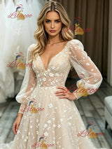 Champagne Lace V-neck Long Sleeve Wedding Dress