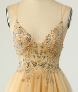 Gold Tulle Straps Beading Sequins Homecoming Dress