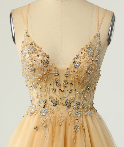 Gold Tulle Straps Beading Sequins Homecoming Dress