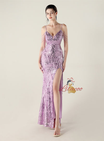 Mermaid Sequins Spaghetti Straps Feather Prom Dress