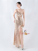 Mermaid Sequins One Shoulder Beading Prom Dress
