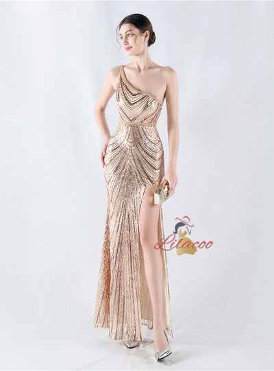 Mermaid Sequins One Shoulder Beading Prom Dress
