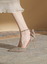Fine-heeled Leather Pointed Crystal Candals