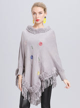 Warm Flower Embroidered Fringed Fur Collar Shawl