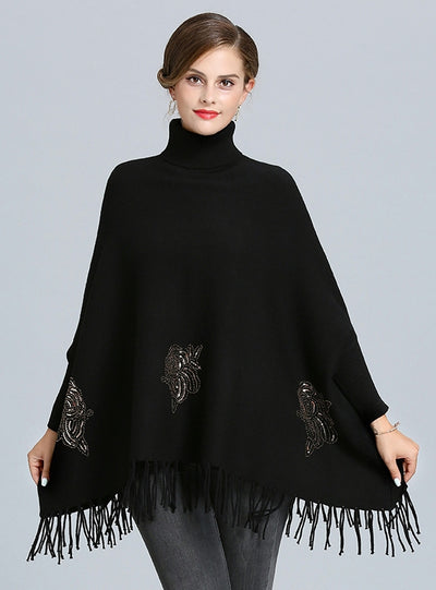 Loose High-necked Fringed Bat Sleeve Cloak Shawl