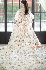 White Vintage Print Puff Sleeve Prom Dress