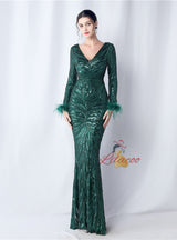 Long Sleeve V-neck Mermaid Sequins Prom Dress