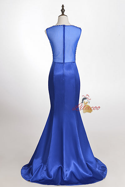 Red Mermaid Satin Beading Pearls Prom Dress