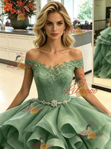 Green Tulle Off the Lace Prom Dress