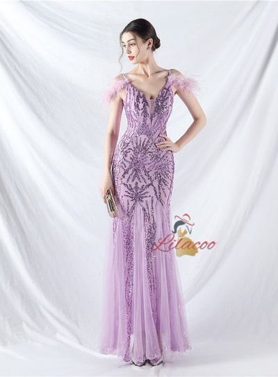 Spaghetti Straps Sequins Feather Prom Dress