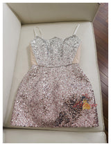 Silver Pink Sequins Straps Short Prom Dress