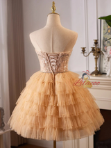 Champagne Tulle Strapless Tiers Homecoming Dress