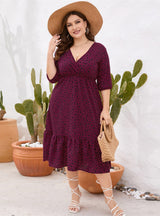 Ruffled V-neck Mid-length Dress