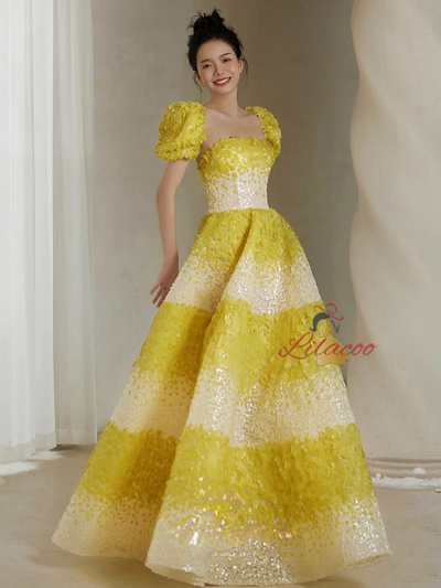Yellow Sequins Puff Sleeve Prom Dress