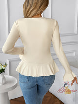 Solid Color V-neck Ruffled Slim Shirt T-shirt