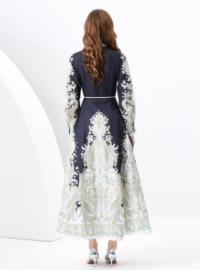 Retro Long-sleeved Single-breasted Printed Dress