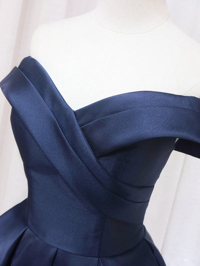 Navy Blue Satin Off the Shoulder Pleats Homecoming Dress