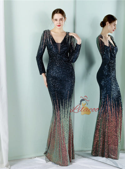 Long Sleeve V-neck Sequins Prom Dress
