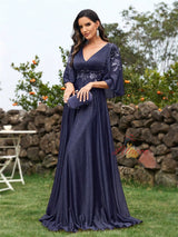Navy Blue V-neck Appliques Prom Dress