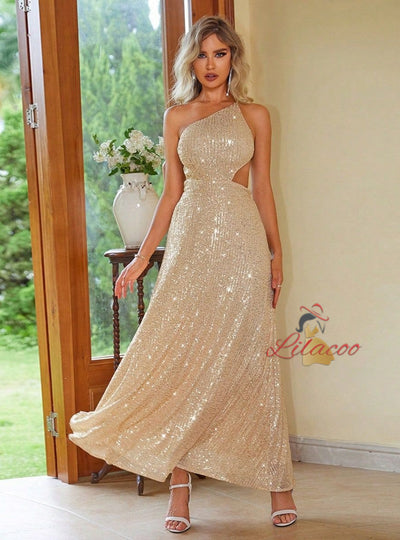 Sexy Sequins One Shoulder Long Dress