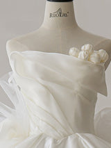 White Tulle Satin Strapless Pleats Wedding Dress