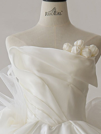 White Tulle Satin Strapless Pleats Wedding Dress