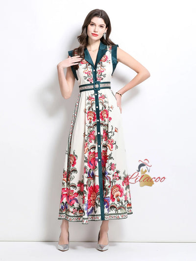 Retro Court Single-breasted Printed Dress