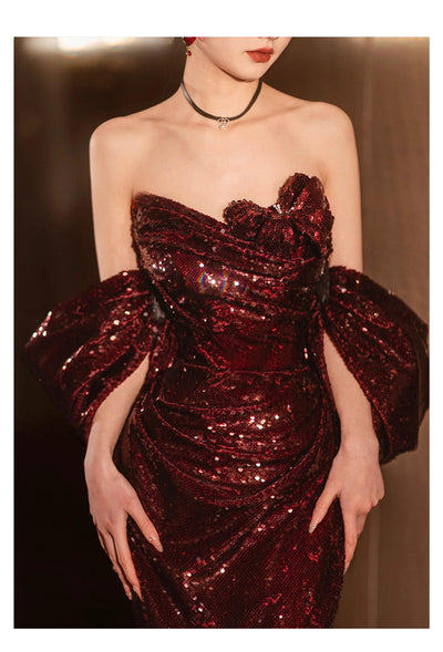 Burgundy Mermaid Pleats Strapless Prom Dress