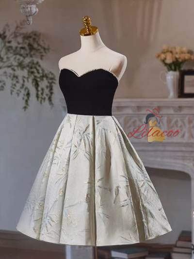 Black Velvet Strapless Pearls Homecoming Dress