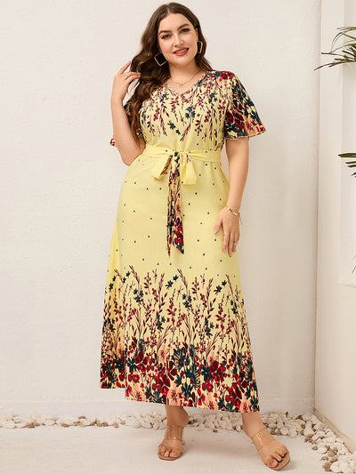 Plus Size Printed Short Sleeve V-neck Dress