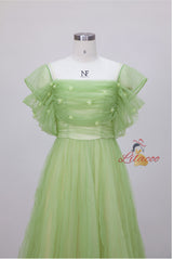 Green Tulle Pleats Flower Prom Dress