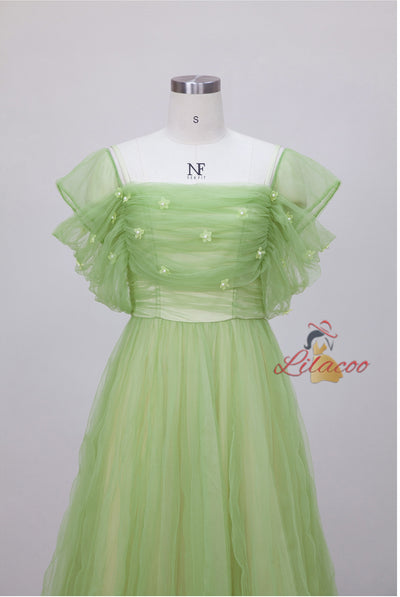 Green Tulle Pleats Flower Prom Dress