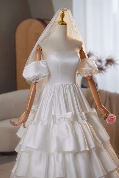 White Satin Strapless Puff Sleeve Wedding Dress