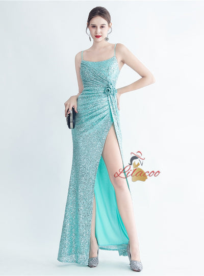 Mermaid Sequins Spaghetti Straps Split Prom Dress