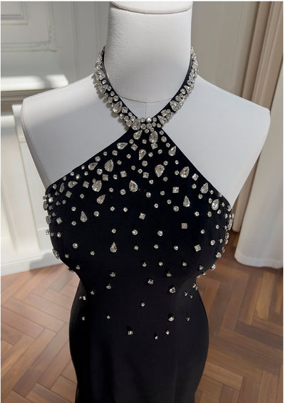 Black Mermaid Halter Beading Prom Dress