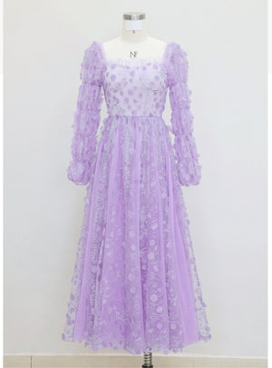 Purple Tulle Long Sleeve Prom Dress