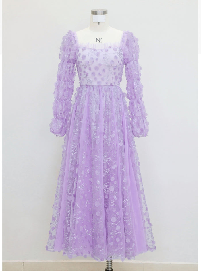 Purple Tulle Long Sleeve Prom Dress