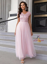 Contrast Sequined Mesh V-neck Dress