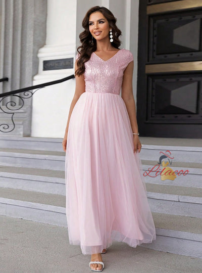 Contrast Sequined Mesh V-neck Dress