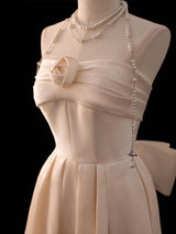 Ivory Satin Strapless Pleats Bow Wedding Dress