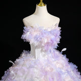 White Tulle Strapless Purple Appliques Dress