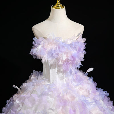 White Tulle Strapless Purple Appliques Dress