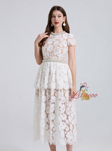 Heavy Industry Beaded Pearl Lace Short Sleeve Dress