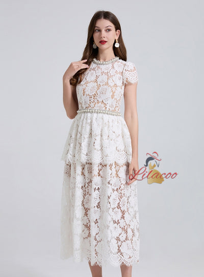 Heavy Industry Beaded Pearl Lace Short Sleeve Dress
