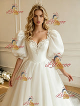 White Tulle Puff Sleeve Appliques Wedding Dress