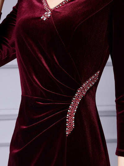 Burgundy Velvet Beading Mother Of The Bride Dress