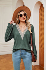 Solid Color V-neck Loose Long Sleeve T-shirt
