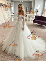 White Tulle Long Sleeve Appliques Wedding Dress