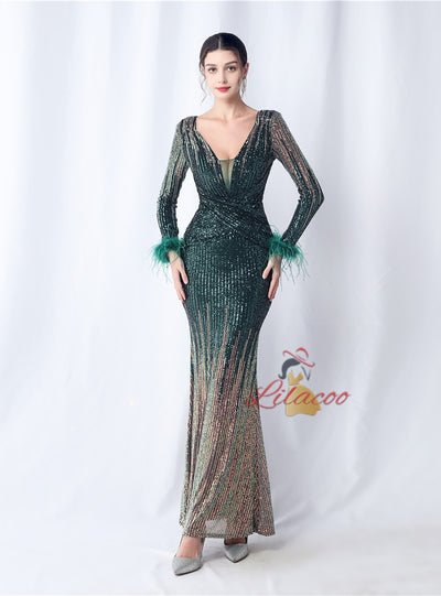 Burgundy Long Sleeve Sequins Prom Dress